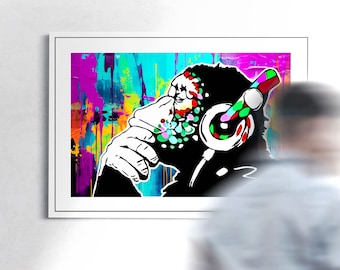 Banksy picture "Colorful monkey with headphones" HANDMADE | UNIQUE pop art street art graffiti modern art | Banksy Canvas Pictures & Poster Set