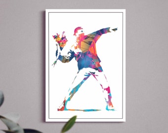 Banksy picture flower thrower, bouquet of flowers artwork | Pop art, street art, graffiti, mural | Art print, wall art, wooden picture, peace symbol