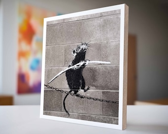 Banksy Bild "balancierende Ratte" Steetart Kunstwerk | Pop Art Leinwandbild & Holzbild | Handgemachter Print | Graffiti Kunstdruck, Kunst