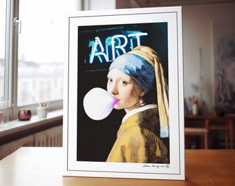 Girl with pearls POP ART | Vermeer Kunstdruck A3 | Moderne Kunst Wandbild A4 | Kaugummi Blase | Mädchen mit Ohrring | URBAN Originals ©