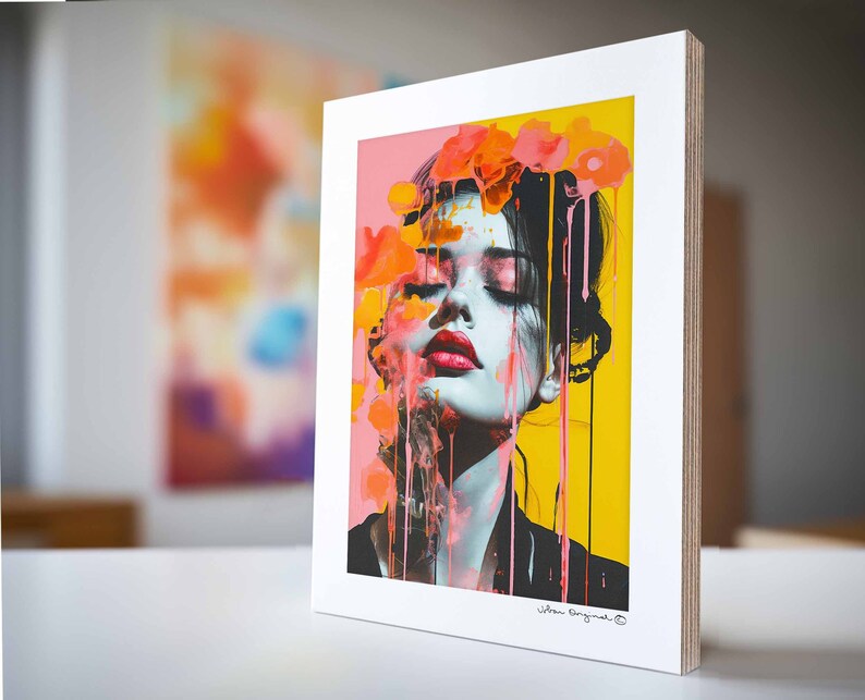 Handgemachtes Pop Art Portrait in Korall Knallige Farben und Lebhafte Strukturen Feminine Kunst in A3 mit Wandhalterung wie Bilderrahmen Bild 1