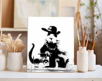 Banksy Bild "Rap Ratte" Kunstdruck | Street Art & Graffiti | Musikliebhaber | Ghettoblaster Poster, Leinwand, Holzbild | Pop Art Wandbild