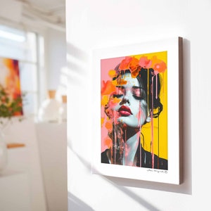 Handgemachtes Pop Art Portrait in Korall Knallige Farben und Lebhafte Strukturen Feminine Kunst in A3 mit Wandhalterung wie Bilderrahmen Bild 10