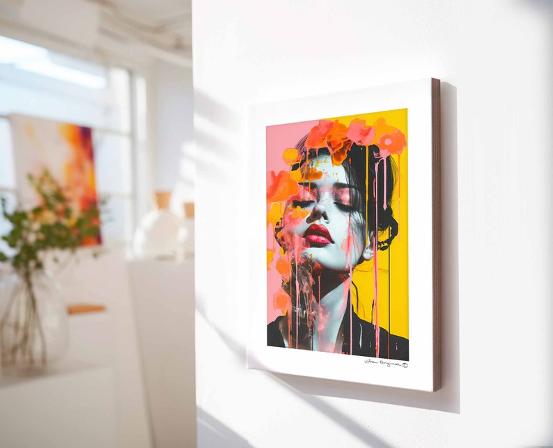 Handgemachtes Pop Art Portrait in Korall Knallige Farben und Lebhafte Strukturen Feminine Kunst in A3 mit Wandhalterung wie Bilderrahmen Bild 10