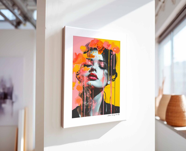 Handgemachtes Pop Art Portrait in Korall Knallige Farben und Lebhafte Strukturen Feminine Kunst in A3 mit Wandhalterung wie Bilderrahmen Bild 9