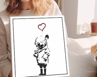 Banksy Kunstdruck Space Girl, Mädchen mit Herz | Street Art Graffiti Wandbild | Pop Art Leinwandbild | Moderne Poster Holzbild | Urban Kunst