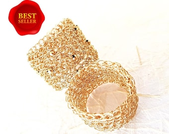Anillo de oro para dedo completo, banda gruesa y larga, anillo de banda ancha, anillos grandes de malla dorada, anillo de oro grande, único, anillo de puño de puro grueso, estilo bohemio