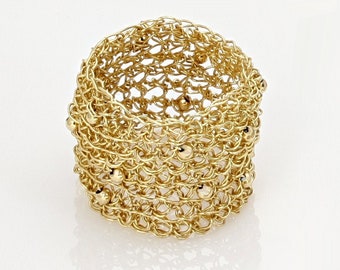 14K Solid Gold Wide Ring, Band Gold Ring, Mesh Ring, Big Rings, Large Statement Ring, Gold Statement Ring, Unique Gold Ring