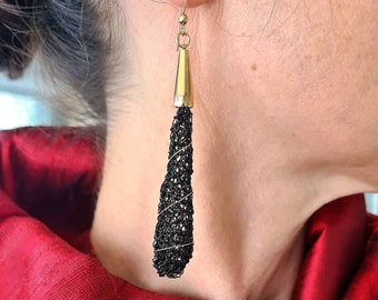 Gold Black Earrings, Long Cone Earrings, Bohemian Jewelry, Light Weight Earring, Dangle Earrings, Filigree Drop Earrings, Teardrop Earrings