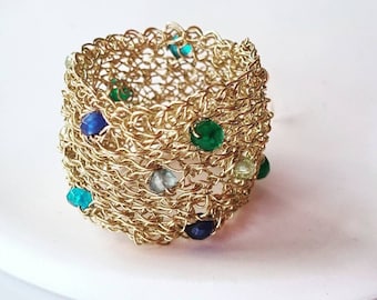 Unique Gold Ring, Gold Blue Lapis Green Onyx Statement Ring, Mesh Ring, Chunky Gold Ring, Large Statement Ring, Cigar Band Ring, Big Rings