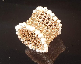 Unique Wide Band Ring, Gold Pearls Ring, Gold Wire Crochet Ring, Statement Rings for Women, Large Gold Ring, Chunky Ring, Bohemian Jewelry