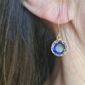 Small Round Sapphire Earrings, Gold Gemstone Earrings, Statement Earrings  for Women, Sapphire Gold Drop Earrings, Birthday Gift Earrings
