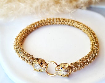 Panther Head Gold Bangle Bracelet, Gold-filled Bracelet, Tarnish Resistant, Mesh Cuff, Statement Bracelet, Luxury Bracelet, Crochet Jewelry
