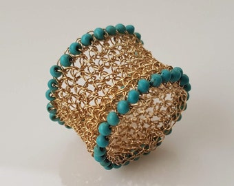 Wide Gold Mesh Ring, Gold Turquoise Cigar Band Ring, Large Statement Ring, Big Rings, Gold Statement Ring, Boho Style,Unique Women Gold Ring