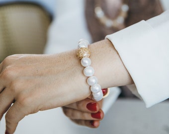 Big Pearls Bracelet, Fresh Water Pearls, White Pearl Bracelet for Women, Unique Bangle Cuff Bracelet, June Birthday Gift, Gift for Christmas