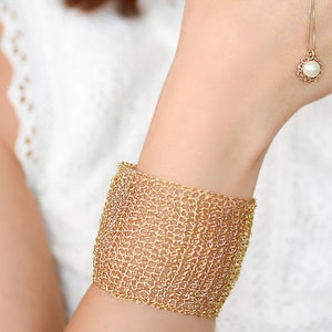 Wide Cuff Bracelet, Women Gold Bracelet, Large Statement Bracelet, Big Wide Band Cuff Bracelet, Unique Handmade Mesh Cuff, Bohemian Jewelry