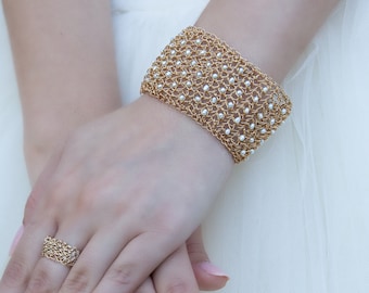 Pulseira larga de pérolas douradas, punho de malha, joias de casamento Boho, pulseira larga de punho, pulseira grande, faixa larga de ouro, joias de casamento