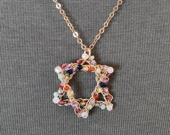 Gold Colorful Gemstones Star of David Necklace, Delicate Magen David Jewish Charm Pendant, Tiny Star Of David Necklace, Jewish Star Necklace