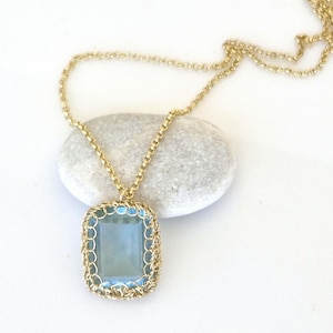 Blue Topaz Long Gold Necklace, Gemstone Pendant Necklace,Gold Topaz Pendant, November Birthstone, Statement Pendant, Rectangle Stone Pendant