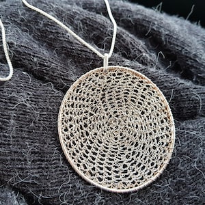 Extra Large Mesh Silver Pendant with Long Necklace, Big Statement Handmade Pendant, Lightweight Oval Pendant, Statement Pendant Necklace