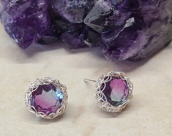 Pendientes de amatista únicos, aretes de plata, pendientes de poste de amatista púrpura, joyas de piedra de nacimiento de febrero, regalo para hermana, regalo de Navidad