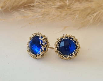 Gold Sapphire Stud Earrings, Unique Stud Earrings, Gemstone Earrings, Bridesmaids Gift, September Birthstone Earrings,Christmas Gift for Her