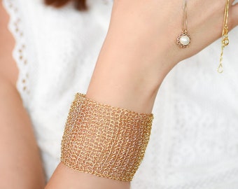 Gold Mesh Bracelet, Wide Gold Cuff, Large Statement Bracelet, Unique Bracelet