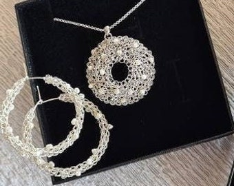 Pearl Silver Jewelry Set, Wedding Jewelry Set, Dainty Silver Necklace and Hoop Earrings, Bridal Jewelry for Bride, Bridal Jewelry Sets Pearl