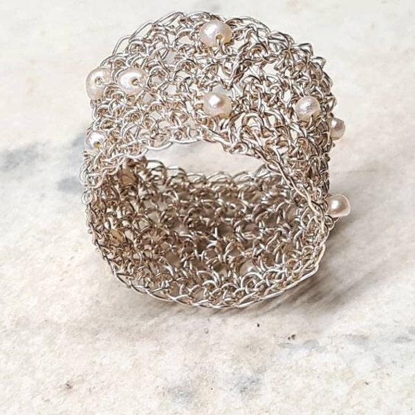 Silver Pearls Wide Ring, Large Ring, Wide Band Ring, Mesh Ring, Silver Statement Ring, Unique Silver Ring, Thick Ring, Big Rings, Handmade