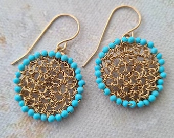 Turquoise Gold Earrings, Gold Dangle Circle Earrings, Boho Earring, Dainty Disk Earring, Drop Earring, Birthstone,Bohemian Turquoise Jewelry