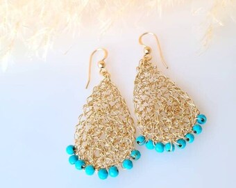 Turquoise Gold Long Earrings, Gold Dangle Teardrop Earrings, Boho Earring, Dainty Earring, Birthstone, Bohemian Turquoise Jewelry