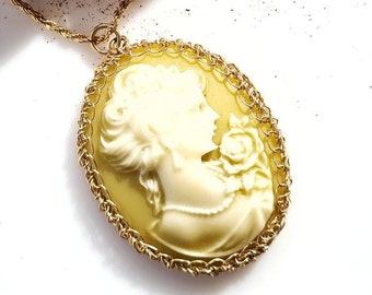 Gold Cameo Lady Pendant Necklace, Long Necklace, Vintage Cameo Necklace, Woman Cameo, Large  Pendant, Cameo Jewelry, Shabby Chic Jewelry