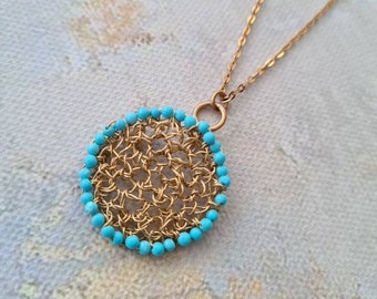 Turquoise Gold Pendant, Round Turquoise Pendant, Gold Disk Necklace, Dainty Turquoise Jewelry, December Birthstone Gift for Girlfriend, Boho
