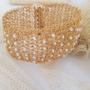 Statement Bracelet, Gold Pearl Cuff Bracelet, Wide Cuff, Wide Bracelet for Woman, Handmade Jewelry, Gold  Wire Crochet Jewelry, Gift for Her