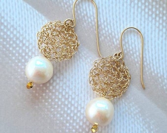 Big Pearl Earrings, Gold Pearl Drop Mesh Earrings, Dainty Dangle Earrings, Romantic Jewelry, Single Pearl Long Dangle Earrings, Gift for Her