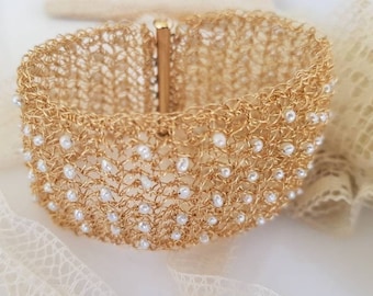 Statement Bracelet, Gold Pearl Cuff Bracelet, Wide Cuff, Wide Bracelet for Woman, Handmade Jewelry, Gold  Wire Crochet Jewelry, Gift for Her