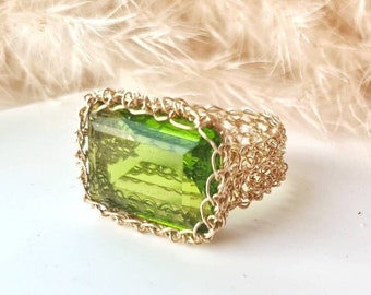 14k Gold Peridot Ring, Large Stone Ring, Precious Stone Ring, Peridot Rectangle Ring, Handmade Ring, Green Stone Ring, August Birthstone