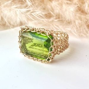 14k Gold Peridot Ring, Large Stone Ring, Precious Stone Ring, Peridot Rectangle Ring, Handmade Ring, Green Stone Ring, August Birthstone
