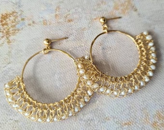 Gold Pearls Hoop Earrings, Large Hoop Earrings, Dangle Bridal Earrings, Natural Pearls Earrings, Delicate Earrings, Boho Gold White Earrings