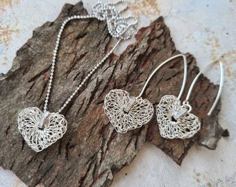 Heart Set Earrings & Necklace, Silver Heart Earring, Drop Dangle Heart, Heart Gift for Her, Jewelry Set, Dainty Heart Jewelry, Birthday Gift