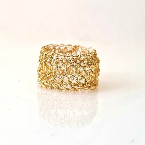 Gold Statement Ring, Wide Band Gold Ring, Cigar Band Ring, Large Statement Ring, Mesh Ring, Big Rings, Unique Gold Ring, WATERPROOF Jewelry