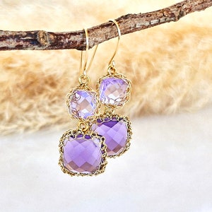 Square Cut Multi Stone Earrings - Long Dangle Gold February Birthstone Jewelry, Amethyst Gold Gemstone Earrings, Handmade Earrings for Women
