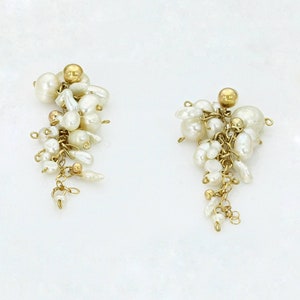 Waterfall Pearls and Gold Cluster, Gold Dangle Earrings, Cluster Drop Earrings, Long Pearl Bridal Earrings, Wedding Earrings, Bridal Jewelry