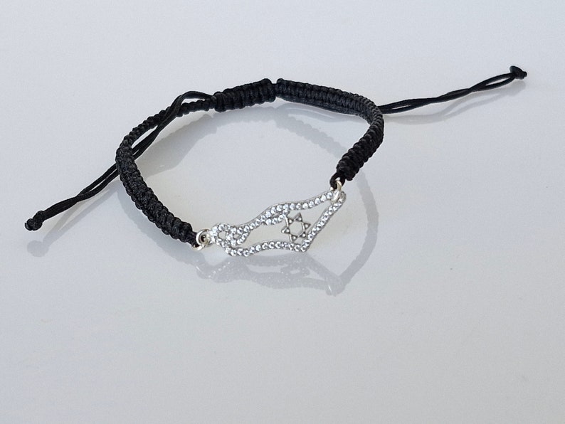 Silver Israel Map Macrame Bracelet, Black Silver Bangle, Adjustable
