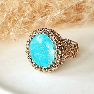 Big Turquoise Statement Ring, Chunky Gold  Ring, Turquoise Ring, Big Mesh Ring, December Birthstone Ring Bold Ring, Boho Ring, Cocktail Ring