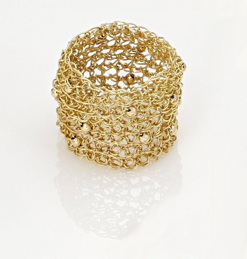Anillo ancho de oro macizo de 14K, anillo de oro de banda, anillo de malla, anillos grandes, anillo de declaración grande, anillo de declaración de oro, anillo de oro único imagen 1