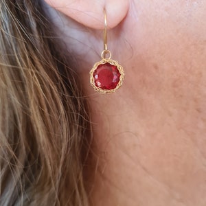 Small Round Sapphire Earrings, Gold Gemstone Earrings, Statement Earrings for Women, Sapphire Gold Drop Earrings, Birthday Gift Earrings image 3