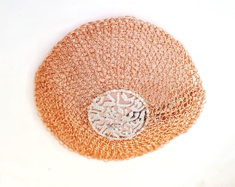 Rose Gold Knitting Kippah with Silver Shema Israel in the Centre, Jewish Kippah for Men, Handmade Yarmulke, Made in Israel, Unique Kippah