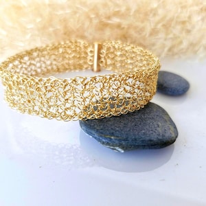 Bohemian Gold Mesh Cuff Bracelet - Handmade Wide Statement Jewelry, Bold Gold Textured Mesh Cuff Bracelet, Unique Gold Bracelet for Woman