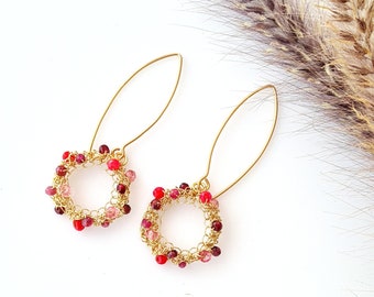 Coral Hoop Earrings, Wire Crochet Jewelry, Dangle Coral Hoop Earrings, Gold Dangle Hoop Earrings, Gold Mesh Hoop Earrings, Bohemian Jewelry